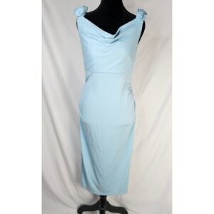 Women's Maacie Light Blue Sleeveless Cowl Neck Ruched Dress Rose Detail Sz Small